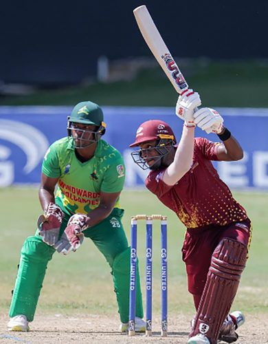 Justin Greaves hits through the off-side during his maiden List A hundred against Windward Islands Volcanoes yesterday. (Photo courtesy CWI Media) 