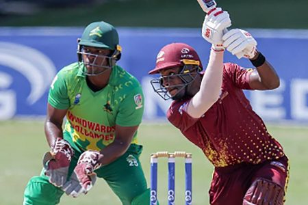 Justin Greaves hits through the off-side during his maiden List A hundred against Windward Islands Volcanoes yesterday. (Photo courtesy CWI Media) 