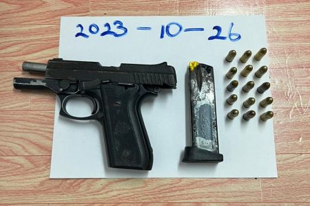 The 9mm semi-automatic pistol and fifteen 9mm rounds that were discovered by police 