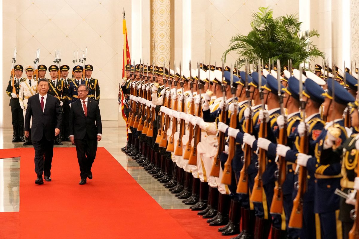 Colombian President Gustavo Petro inspects an honor guard with Chinese President Xi Jinping during a welcoming ceremony at the Great Hall of the People in Beijing, China, October 25, 2023. Ken Ishii/Pool via REUTERS