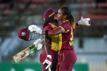 Hayley Matthews, right and Stafanie Taylor shared in a record breaking 174-run second wicket stand yesterday.
