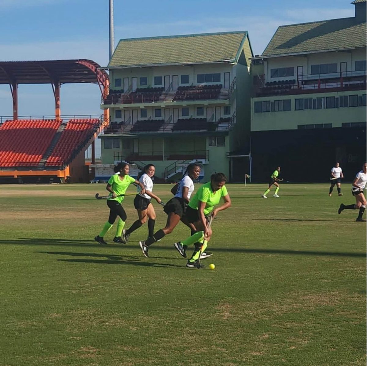 The GBTI/GCC Ladies (in white) strolled to a 2-0 win over the Woodpecker Hikers women’s team yesterday at the Providence National Stadium.