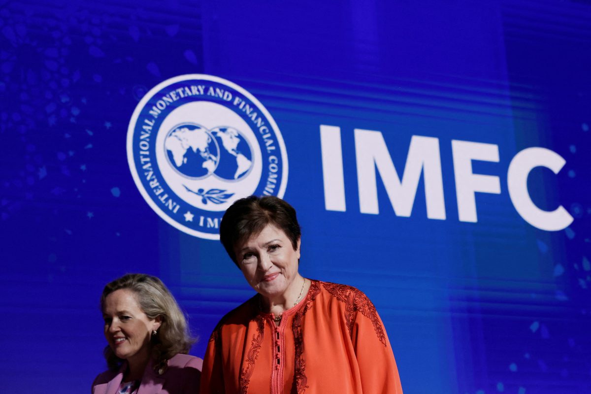 International Monetary and Financial Committee (IMFC) Chair Nadia Calvino and International Monetary Fund (IMF) Managing Director Kristalina Georgieva arrive for a news conference during the annual meeting of the International Monetary Fund and the World Bank, following last month’s deadly earthquake, in Marrakech, Morocco, October 14, 2023. REUTERS/Susana Vera