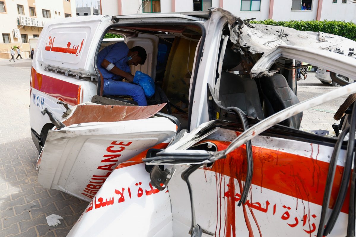A view of an ambulance hit by an Israeli strike, after Hamas gunmen launched a surprise attack against Israel, in the southern Gaza Strip, October 7, 2023. REUTERS/Ibraheem Abu Mustafa - RC2NN3AC3OAB