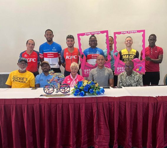 (Sitting) From right, KARCC President- Gary Alleyne, KARCC VP- Mark St Claire, Cancer Foundation’s Bibi Hassan, GCF President Horace Burrowes, Flying Stars’ Victor Rutherford and participating cyclists pose at the launch of ‘Fireworks 2: The Pink Edition’ on Friday.
