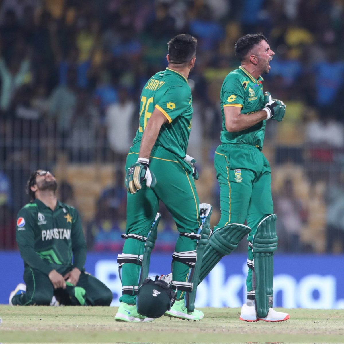 The South Africans celebrate their one wicket triumph.
