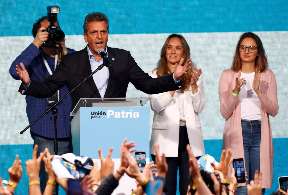 Argentina's presidential candidate Sergio Massa addresses supporters, as he reacts to the results of the presidential election, in Buenos Aires, Argentina October 22, 2023. REUTERS/Mariana Nedelcu