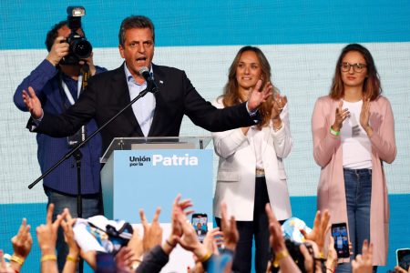 Argentina's presidential candidate Sergio Massa addresses supporters, as he reacts to the results of the presidential election, in Buenos Aires, Argentina October 22, 2023. REUTERS/Mariana Nedelcu