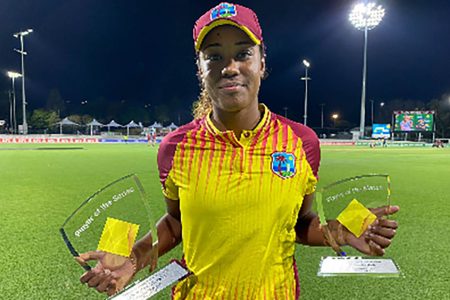 West Indies Women captain Hayley Matthews poses with her Player-of-the-Match and Player-of-the-Series awards. (Photo courtesy CWI Media) 