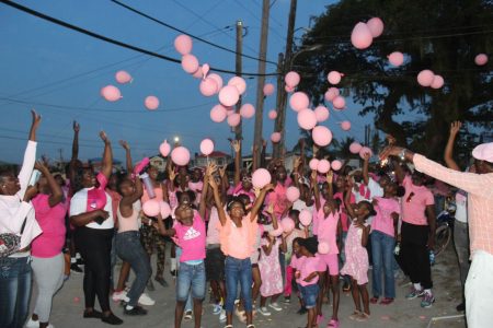 In order to support cancer survivors and families of those who have lost their loved ones to the disease, Police Corporal Troy Van Rossum collaborated with his fellow villagers and organised a Cancer Awareness Fitness Walk within the Mocha Community on the East Bank of Demerara on Sunday, October 15, 2023. A live Steel Pan display and youths releasing helium balloons as a gesture of unity were all part of the simple but meaningful initiative. (Guyana Police Force photo) 