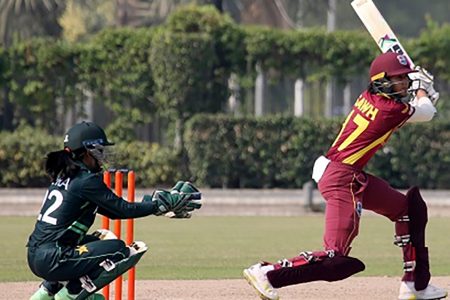 Pakistan Women A wicketkeeper Sidra Nawaz sees West Indies Women A batsman Shunelle Sawh drive through the off-side. (CWI Media) 