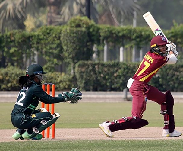 Pakistan Women A wicketkeeper Sidra Nawaz sees West Indies Women A batsman Shunelle Sawh drive through the off-side. (CWI Media) 