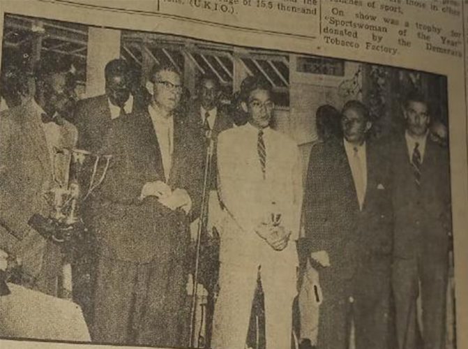 FLASHBACK! British Guiana’s Sportsman-of-the-Year winners
Clem Fields and Dereck Phang pose with their trophies along with R. D
Nelson, General Manager of Shell and Regent Petroleum Distributors
(W.I) Limited and representatives of Petroleum Marketing Agencies
Limited at the Woodbine Hotel in January of 1955.
