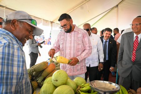 President Irfaan Ali sampling a pineapple  yesterday (Office of the President photo)