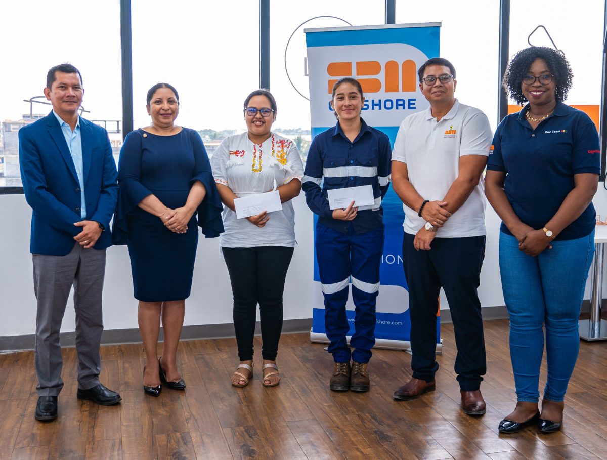 Kimberly Kenyon and Graziella Abraham (third and fourth from left) with SBM Offshore Guyana’s General Manager, Martin Cheong (second from right); Human Resource Manager, Onecia Johnson (right); the University of Guyana’s Vice Chancellor, Dr. Paloma Mohamed Martin (second from left), and the Ministry of Education’s Deputy Chief Education Officer with responsibility for Amerindian and Hinterland Development, Marti De Souza (SBM photo).