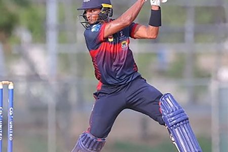 Combined Campuses & Colleges captain Shane Dowrich
cuts loose during his maiden List A hundred of 102 not out against Windward Islands Volcanoes in the West Indies Super50 Cup yesterday at Frank Worrell Field in Trinidad. (CWI Media photo)
