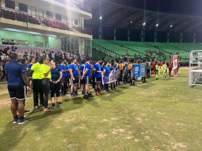 Some of the participating teams at last night’s launch of the Guyana Hockey Board men and women first division leagues at the Providence National Stadium.