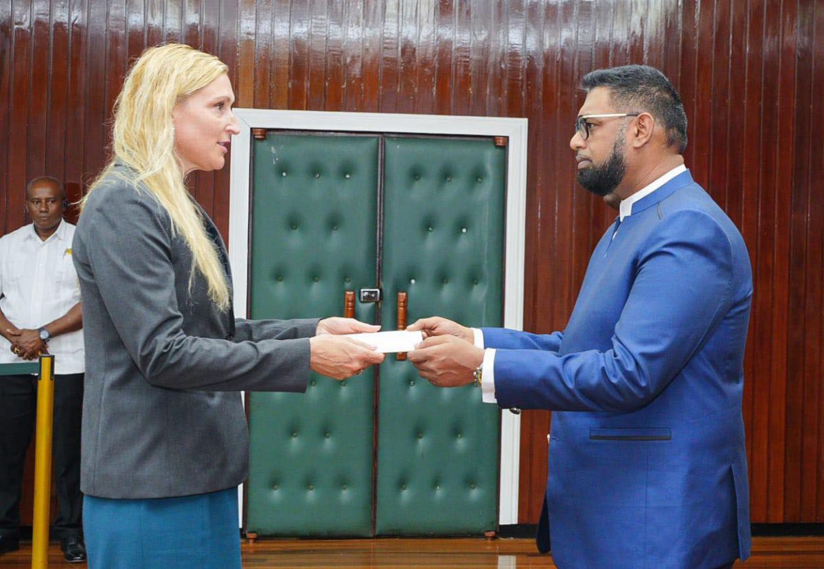 Nicole D. Theriot presenting her letters of credence to President Irfaan Ali yesterday. (Office of the President photo)