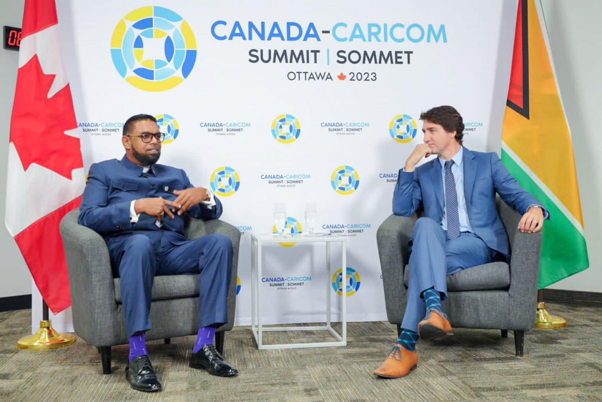 President Irfaan Ali (left) and Canadian Prime Minister Justin Trudeau meeting yesterday (Office of the President photo)