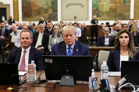 Former U.S. President Donald Trump attends the trial of himself, his adult sons, the Trump Organization and others in a civil fraud case brought by state Attorney General Letitia James, at a Manhattan courthouse, in New York City, U.S., October 2, 2023. REUTERS/Brendan McDermid/Pool