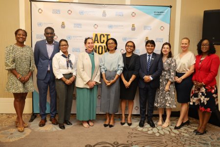 Some of those who were present at the meeting on the SDGs. Minister of Tourism, Industry and Commerce Oneidge Walrond is fifth from left and UN Resident Coordinator, Yeşim Oruç is fourth from left.  Natasha Gaskin-Peters  is sixth from left. (Ministry of Tourism, Industry and Commerce photo)