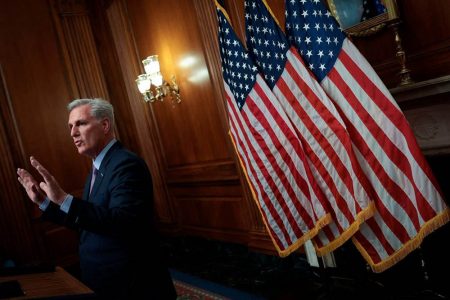 WASHINGTON, DC - OCTOBER 03: U.S. Rep. Kevin McCarthy (R-CA) answers questions at the Capitol after being ousted as House speaker October 3, 2023 in Washington, DC. REUTERSPIX