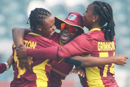West Indies Women-A celebrate another wicket during their victory in Sunday’s third 50-over match in Lahore. (Photo courtesy CWI Media) 
