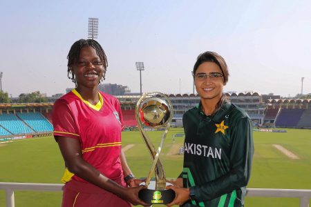 Windies  and Pakistan `A’ team captains Rashada Williams and Rameena Shamim with the trophy at stake in the three match One day series.
