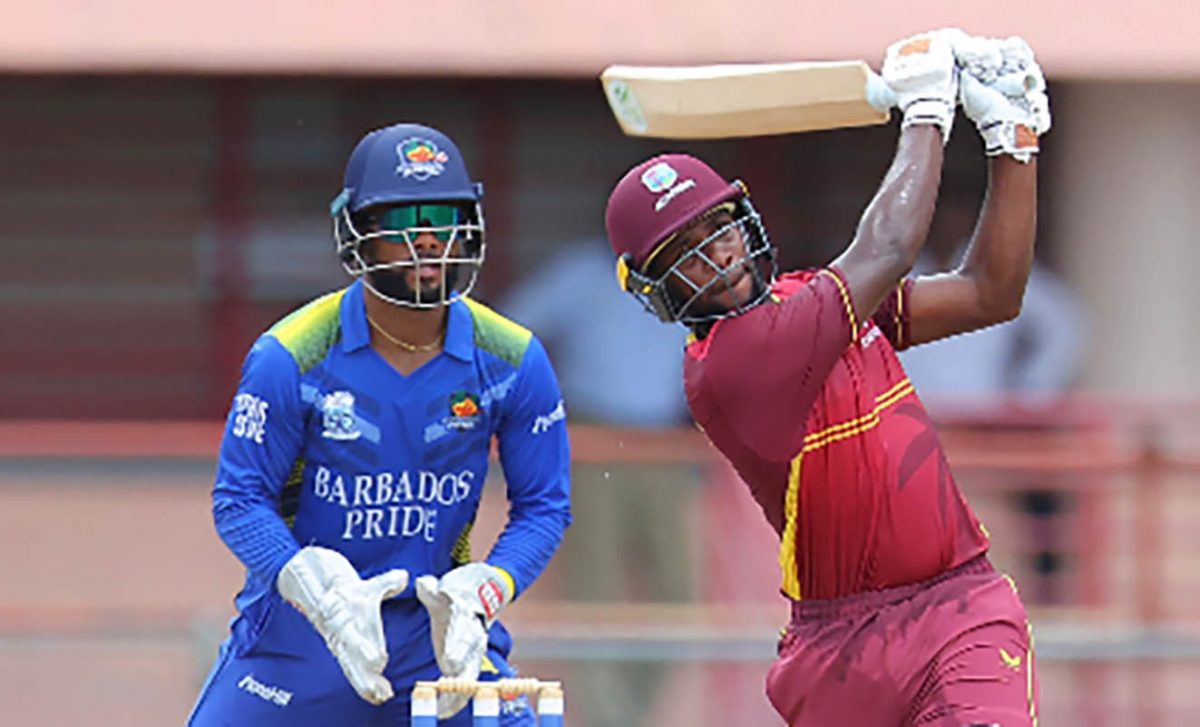 West Indies Academy captain Nyeem Young hits down the ground during his maiden List A half-century yesterday (Photo courtesy CWI Media) 