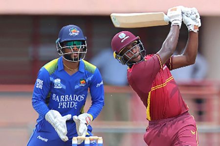 West Indies Academy captain Nyeem Young hits down the ground during his maiden List A half-century yesterday (Photo courtesy CWI Media) 