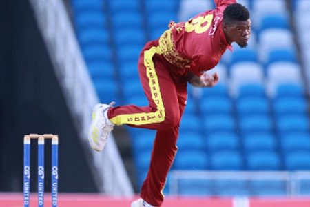Fast bowler Alzarri Joseph sends down a delivery during his three-wicket burst with the new ball in yesterday’s semi-final. (Photo courtesy of CWI Media)