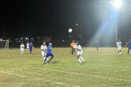 Action between Santa Rosa and Bartica at the Ministry of Education ground in the Limacol Schools Football League
