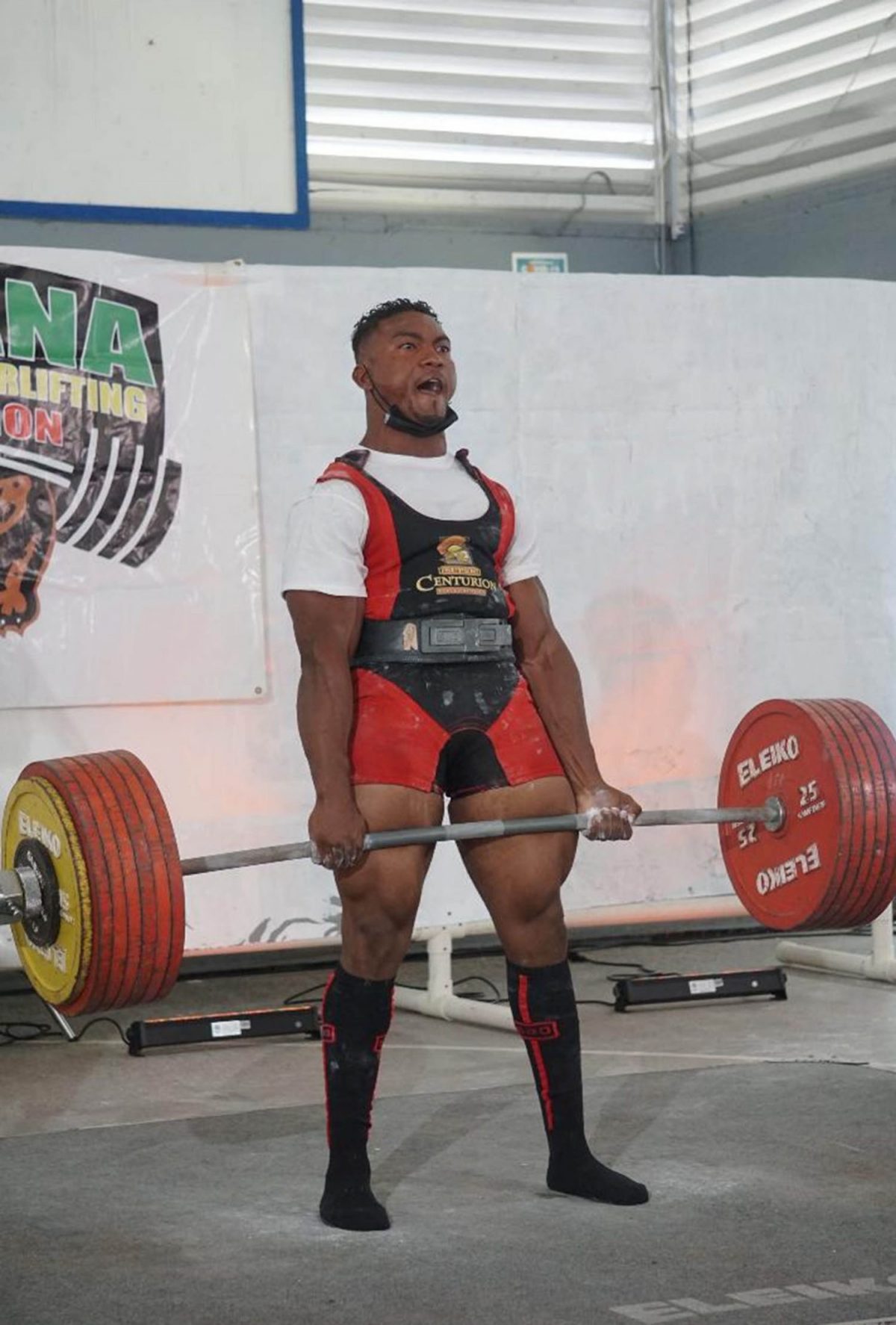 One of Guyana’s premier powerlifters Carlos 
Peterson-Griffith performing the deadlift