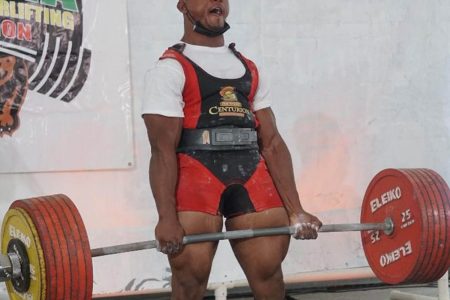 One of Guyana’s premier powerlifters Carlos
Peterson-Griffith performing the deadlift