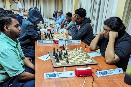 A scene from the encounter between Saeed Ali (left) and CM Taffin Khan at the 2023 National Open Chess Championship