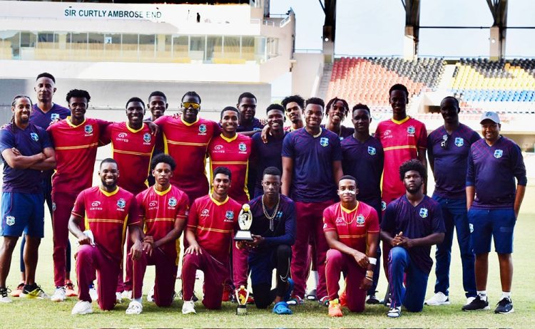 Members of the CWI Academy team and support staff pose with the series trophy after they beat Emerging Ireland in the three-match, one-day, 50 overs-a-side series on Tuesday at the Vivian Richards Cricket Ground in Antigua. (Photo courtesy of CWI Media)