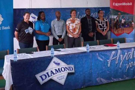 The Diamond Mineral Water Hockey Festival was launched yesterday, and present at the launch (L-R) were GHB’s Dominique Woodroffe, a Republic Bank representative, DDL Brand Manager Larry Wills, GHB Vice President Tricia Fiedtkou, Exxon Mobil’s Ryan Hoppie, and GHB Secretary Maria Munroe.