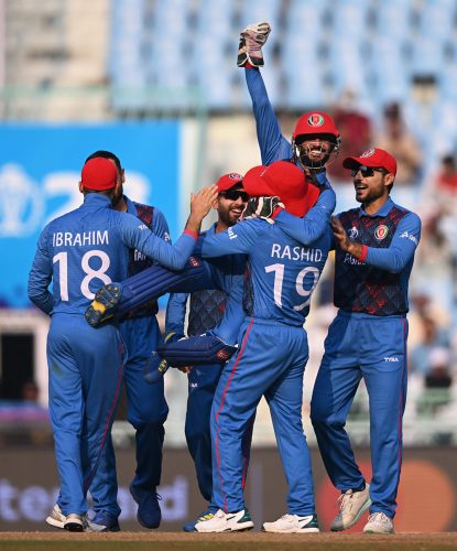 The Afghanistan players celebrate their victory over the Netherlands, their fourth at this year’s ICC World Cup.