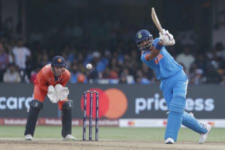 KL Rahul scores over extra cover enroute to the fastest century by an Indian in World Cup history

