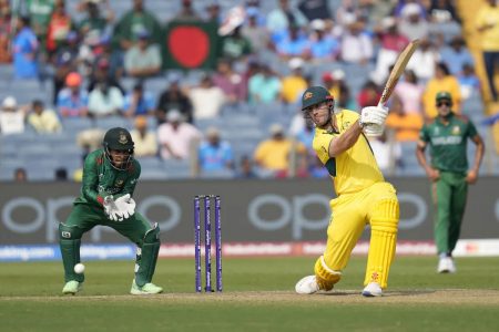 Mitchell Marsh carves a boundary through the offside during his imperious 177 against Bangladesh