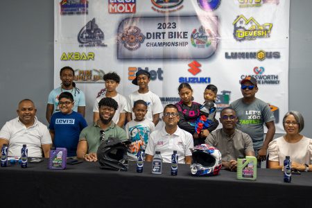 Members of the Moto Sharks Guyana, along with sponsors, attended the official launch of their Christmas Dirt Bike Championship yesterday.
