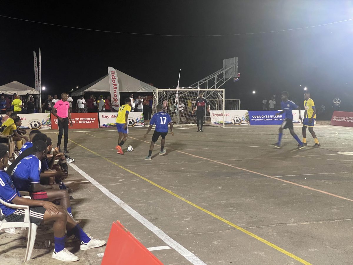 A scene from the Haynes Ballers and West Side Ballers encounter in the ExxonMobil/New Entertainment Futsal Championship at the Retrieve Hard Court, Linden