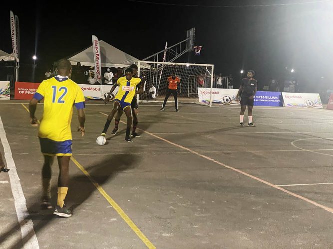 Action between LA Ballers and Haynes Ballers at the Retrieve Tarmac in the New Era Futsal Championship
