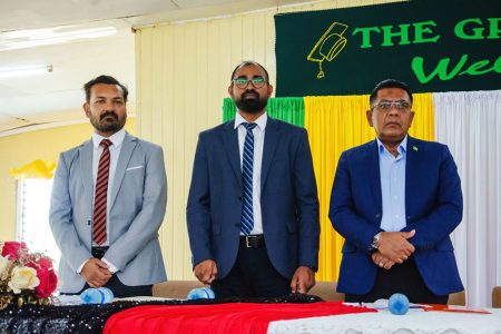 From left: Chief Executive Officer of the GSA Gavindra Ramnarain, Chairman of the Board of Governors of GSA Dhaneshwar Deonarine and Minister of Agriculture, Zulfikar Mustapha at the graduation ceremony