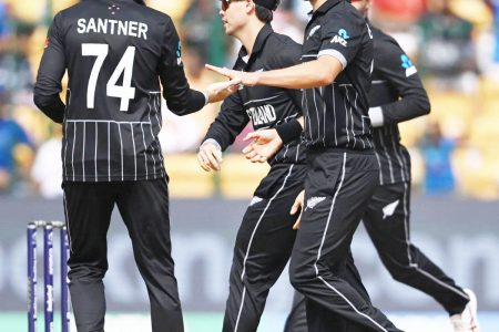 Trent Boult struck twice in one over enroute to figures of 3-37 as Sri Lanka were routed for 171
Rachin Ravindra on the attack through the leg side during his 34 ball 42 against Sri Lanka
