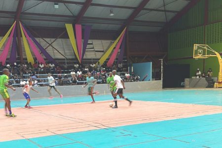 Part of the action in the Devon ‘Worm’ Charles Benefit
Futsal Series between Back Circle and Gold is Money.