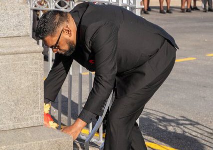 President Irfaan Ali laying a wreath at the Cenotaph Monument.