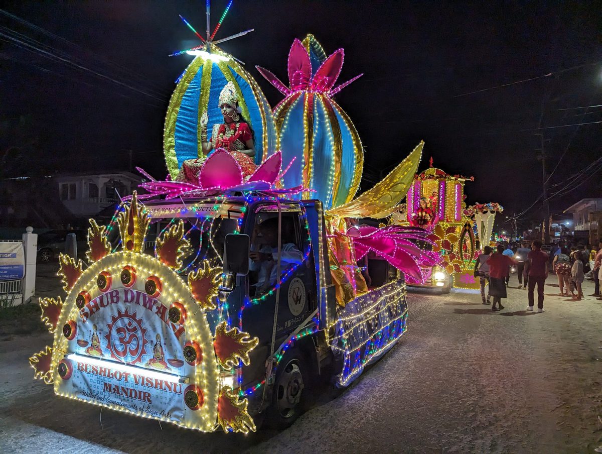 Motorcade night: The Bushlot Vishnu Mandir’s float seen here yesterday with several other illuminated vehicles in the background as the Guyana Hindu Dharmic Sabha held its annual Diwali motorcade in Georgetown. (Tourism Guyana photo)


