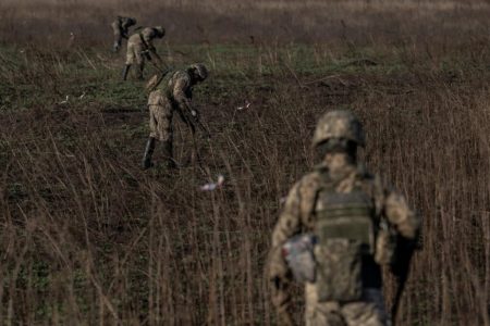 Ukrainian sappers inspect a field for explosive devices, amid Russia's attack on Ukraine, in Kherson region, Ukraine November 9, 2023. REUTERS/Viacheslav Ratynskyi
