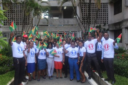 Staff of the Ministry of Foreign Affairs and International Cooperation yesterday reaffirming that Essequibo belongs to Guyana. (Ministry of Foreign Affairs photo)